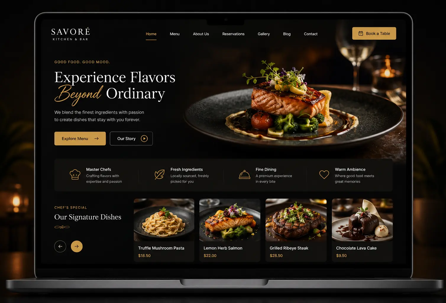 Fine dining restaurant website displayed on a laptop