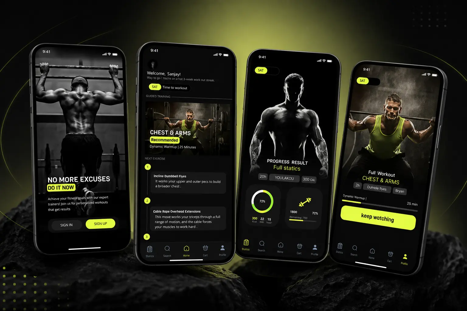 Fitness training mobile application screens